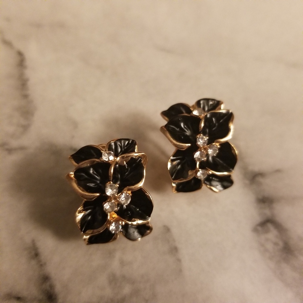 Black Painted Gardenia Rhinestone Earrings